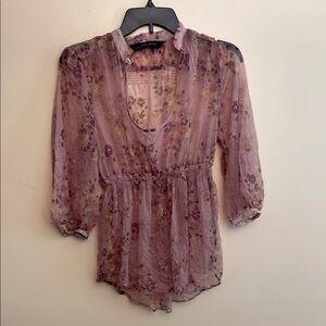 Zara Pink Ruffled Sheer Blouse with Mandarin Collar